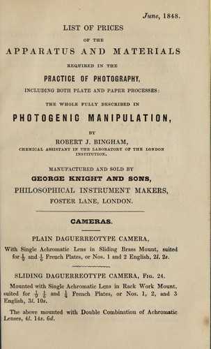 List of prices of the apparatus and materials required in the practice of photography