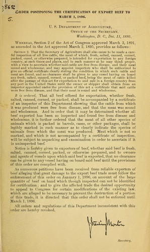 Order postponing the certification of export beef to March 1, 1896