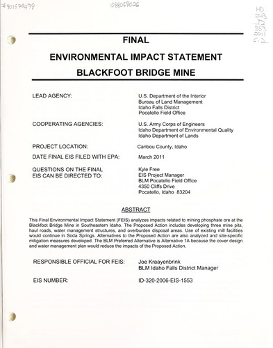 Final environmental impact statement Blackfoot Bridge Mine Caribou County, Idaho
