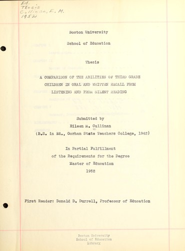A comparison of the abilities of third grade children in oral and written recall from listening and from silent reading