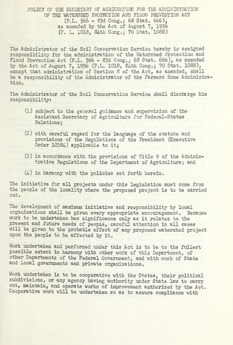 Policy of the Secretary of Agriculture for the administration of the Watershed protection and flood prevention act (P.L. 566, 83d Cong.; 68 Stat. 666), as amended by the act of August 7, 1956 (P.L. 1018, 84th Cong.; 70 Stat. 1088)