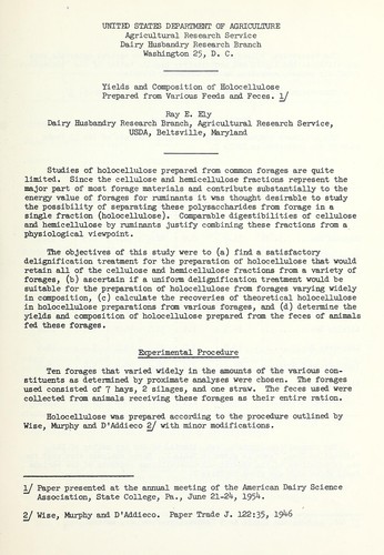 Yields and composition of holecellulose prepared from varous feeds and feces