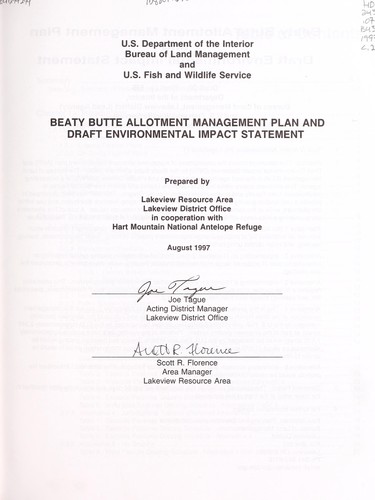 Beaty Butte allotment management plan and draft environmental impact statement