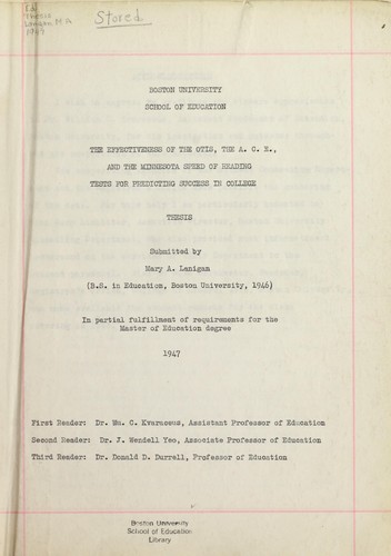 The effectiveness of the Otis, the A.C.E., and the Minnesota speed of reading tests for predicting success in college