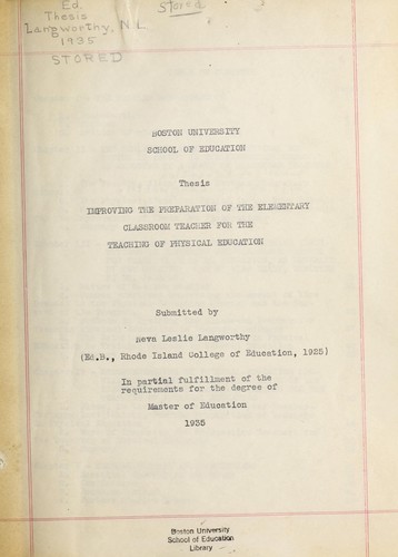 Improving the preparation of the elementary classroom teacher for the teaching of physical education