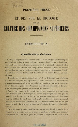Etudes sur la biologie et la culture des champignons supe rieurs
