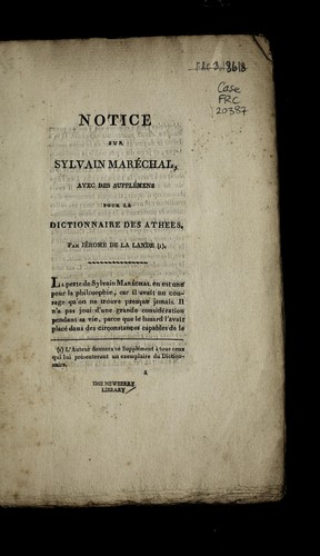 Notice sur Sylvain Maréchal, avec des supplémens pour le Dictionnaire des athées