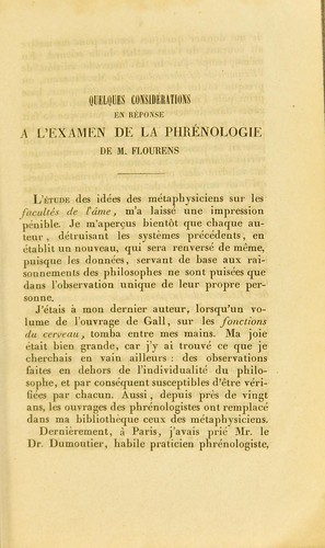 Quelques considerations en reponse a l'examen de la phrenologie de M. le professeur P. Flourens de l'Academie des sciences de Paris