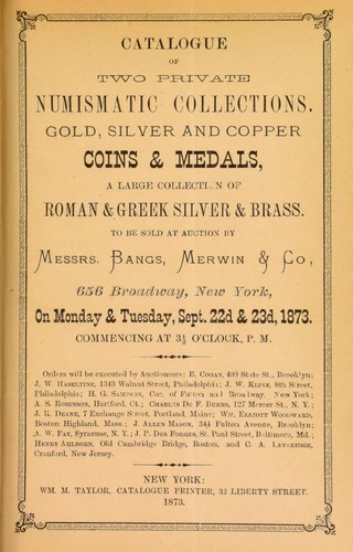 Catalogue of two private numismatic collections