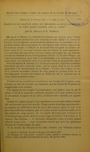 Existe-t-il des relations entre les ph©♭nom©·nes du rut et la pr©♭sence de corps jaunes ovariens, chez la lapine? Glande interstitielle de l'ovaire et rut chez la lapine