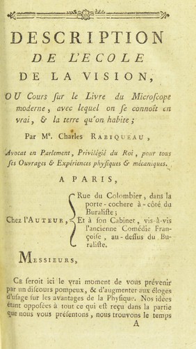 Description de l'ecole de la vision, ou cours sur le livre du microscope moderne