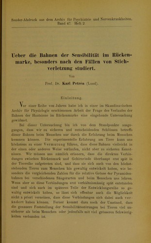Ueber die Bahnen der Sensibilit©Þt im R©ơckenmarke, besonders nach den F©Þllen von Stichverletzung studiert