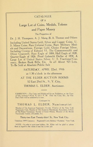 Catalogue of a large lot of coins, medals, tokens and paper money