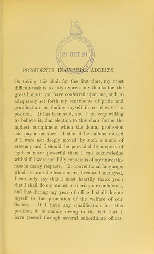 Inaugural address of the president, Henry Sewill ... delivered at the ordinary monthly meeting of the Odontological Society of Great Britain, February 4th, 1889