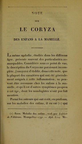 Note sur le coryza des enfans ©  la mamelle