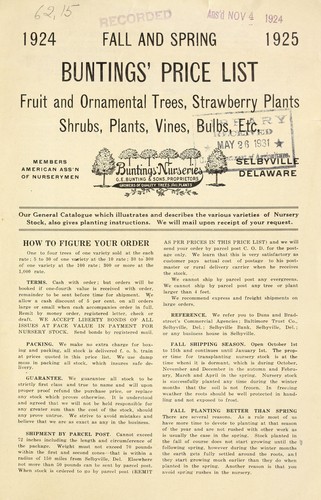 1924 fall and spring 1925 Buntings' price list [of] fruit and ornamental trees, strawberry plants, shrubs, plants, vines, bulbs, etc