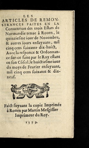 Les articles de remonstrances faites en la Conuention des trois Estats de Normandie tenue a   Rouen