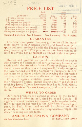 Price list [for mushroom spawn]