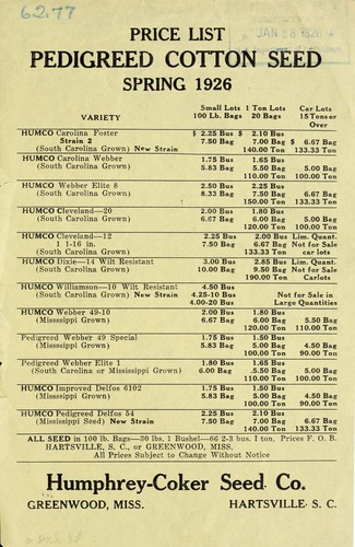 Price list Pedigree cotton seed