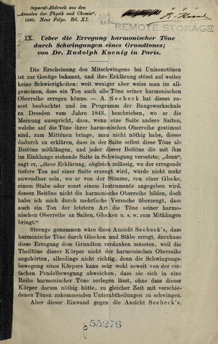 Ueber die erregung harmonischer to ne durch schwingungen eines grundtones ...