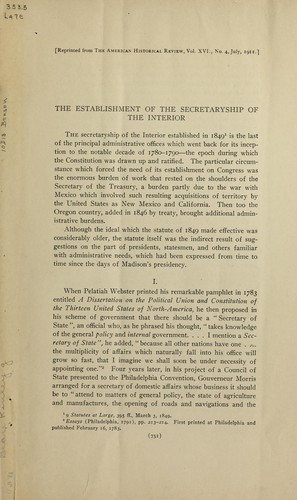 The establishment of the secretaryship of the interior ...