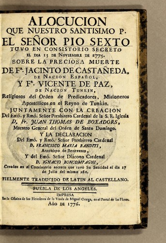 Alocucion que nuestro santisimo P. el señor Pio Sexto tuvo en consistorio secreto el dia 13 de noviembre de 1775 .