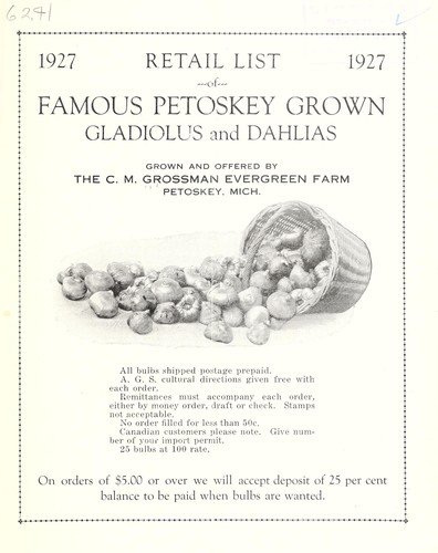 Retail list of famous Petoskey grown gladiolus and dahlias