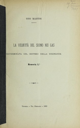 La velocita   del suono nei gas, determinata col metodo della risonanza ...