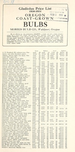 Gladiolus price list, Oregon-coast grown bulbs