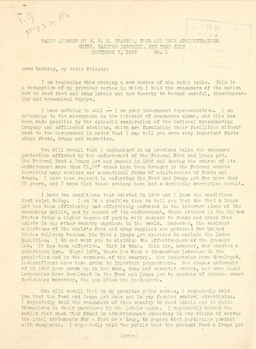 [Radio addresses of] W. R. M. Wharton, Food and Drug Administration Chief, Eastern Branch, New York City