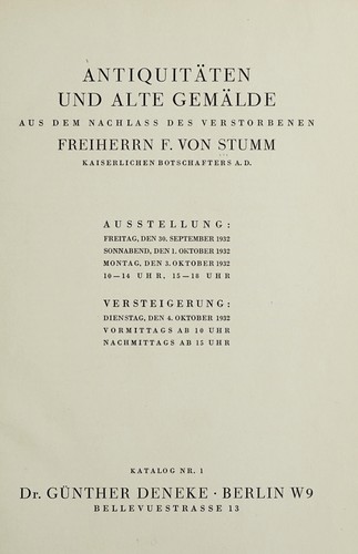 Antiquitäten und alte Gemälde aus dem nachlass des verstorbenen Freiherrn F. von Stumm