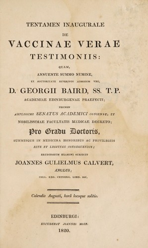 Tentamen inauguralis de vaccinae verae testimoniis.