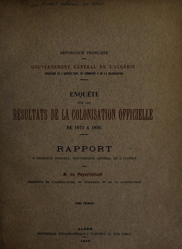 Enquête sur les résultats de la colonisation officielle de 1871 à 1895