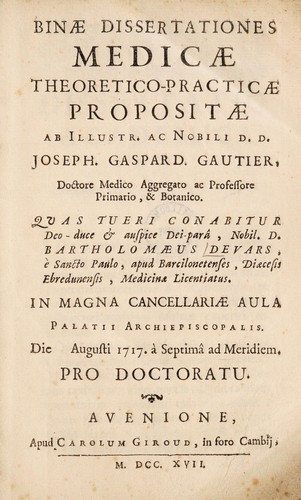 Binae dissertationes medicae theoretico-practicae. [An contumaci capitis dolori laudani usus. - De aphoristica sententia Hyppocratis XXIV. sectionis primae ... In morbis acutis raro & per initia medicamentis purgantibus utendum est, etc.]