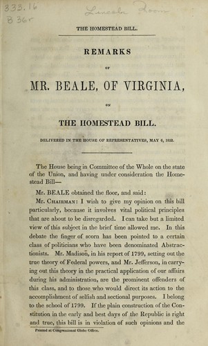 Remarks of Mr. Beale, of Virginia, on the Homestead Bill, delivered in the House of Representatives, May 6, 1852