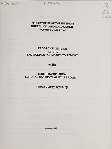 Record of decision for the environmental impact statement on the South Baggs Area Natural Gas Development Project, Carbon County, Wyoming