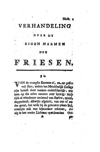 Verhandeling over de eigennaamen der Friesen: Mit ses bijlagen, daar toe betrekkelijk, en eene ...