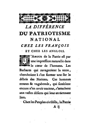 La différence du patriotisme national chez les François et chez les Anglois, discours