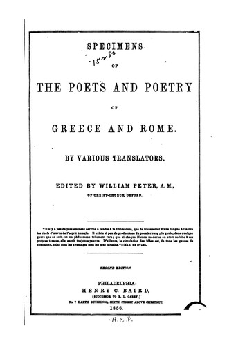 Specimens of the Poets and Poetry of Greece and Rome
