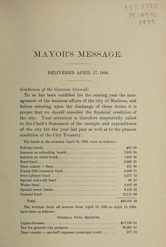 Message of Mayor John Corscot, delivered to the Common Council of the city of Madison, April 17, 1894