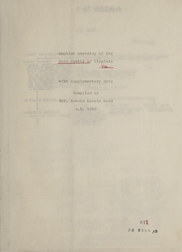English history of the Hord family of Virginia, with supplementary data