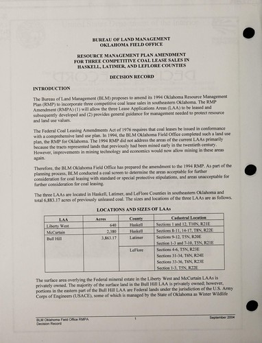 Resource management plan amendment and decision record for three competitive coal lease sales in Haskell, Latimer, and LeFlore Counties, Oklahoma