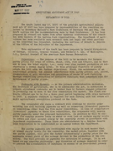 Agricultural adjustment Act of 1937, explanation of bill