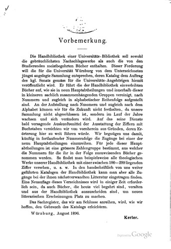 Katalog der Handbibliothek der K. Universitäts-bibliothek Würzburg...