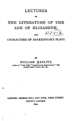 Lectures on the Literature of the Age of Elizabeth: And Characters of ...