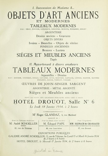 I. Succession de Madame S--, Objets d'art anciens et modernes, tableaux modernes ... sièges et meubles anciens, tapis