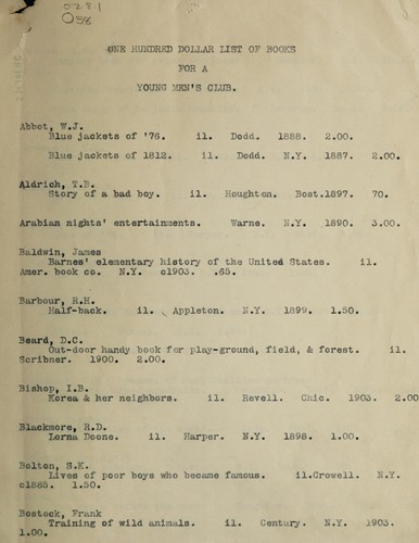 One hundred dollar list of books for a young men's club