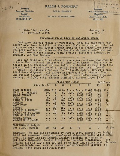 [Ralph J. Pommert gladiolus bulb price lists]