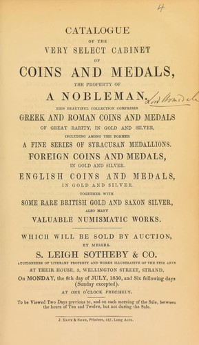 Catalogue of the very select cabinet of coins and medals, the property of a nobleman, [Lord Holmesdale] ...