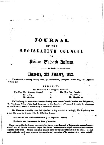 Journal of the Legislative Council of the Province of Prince Edward Island